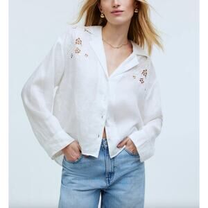 Madewell Resort Long-Sleeve Shirt Eyelet White Size XS Coastal 100% Linen Lounge